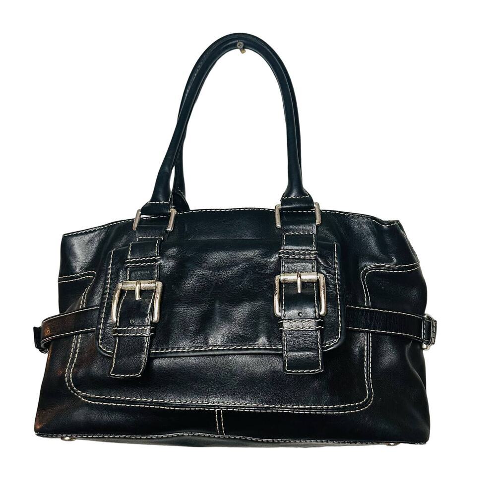 MICHAEL Michael Kors Black Leather Silver Buckles Brookville Shopper Tote Bag